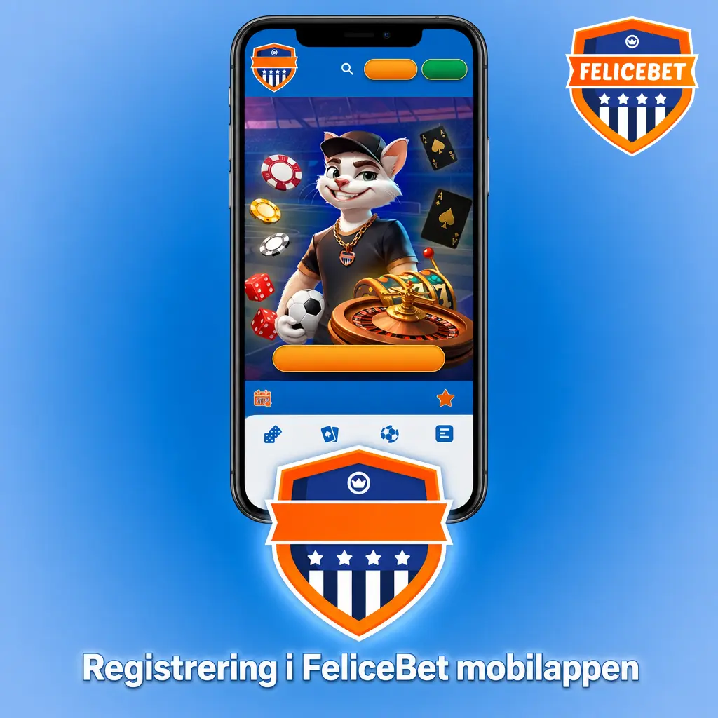 Registrering i FeliceBet mobilapp med kontoskjema, personopplysninger og bekreftelse før innskudd